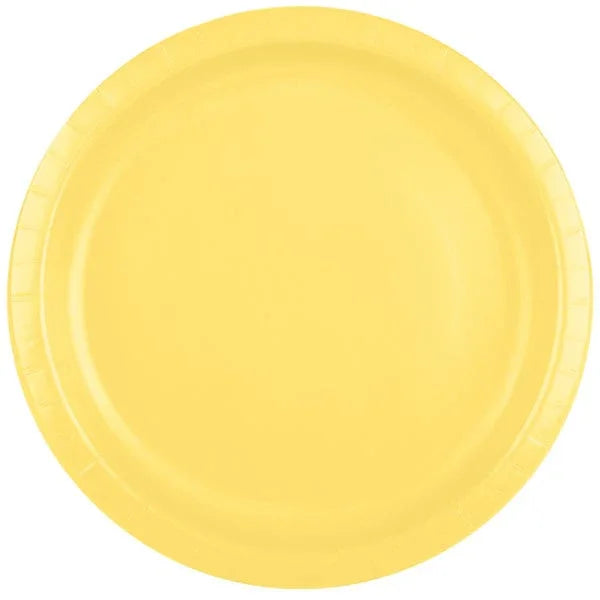 Bright yellow round paper plate with a smooth matte finish and subtle ridged rim detail.