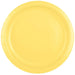 Bright yellow round paper plate with a smooth matte finish and subtle ridged rim detail.