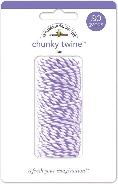 Lilac and white twisted chunky twine packaged in a clear plastic case showing 20 yards of decorative cord.