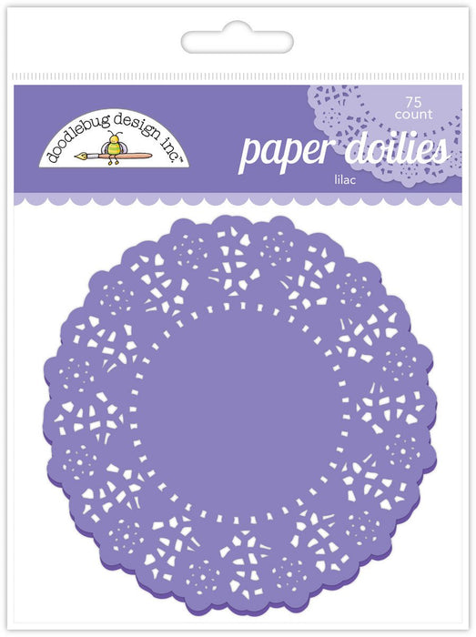 Package of 75 lilac paper doilies with intricate white lace cutout patterns arranged in a circular scalloped shape.