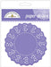 Package of 75 lilac paper doilies with intricate white lace cutout patterns arranged in a circular scalloped shape.