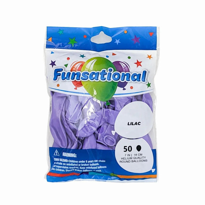 Package of 50 lilac round latex balloons measuring 7 inches, sealed in clear plastic with colorful balloon graphics and stars on the blue and white packaging header.