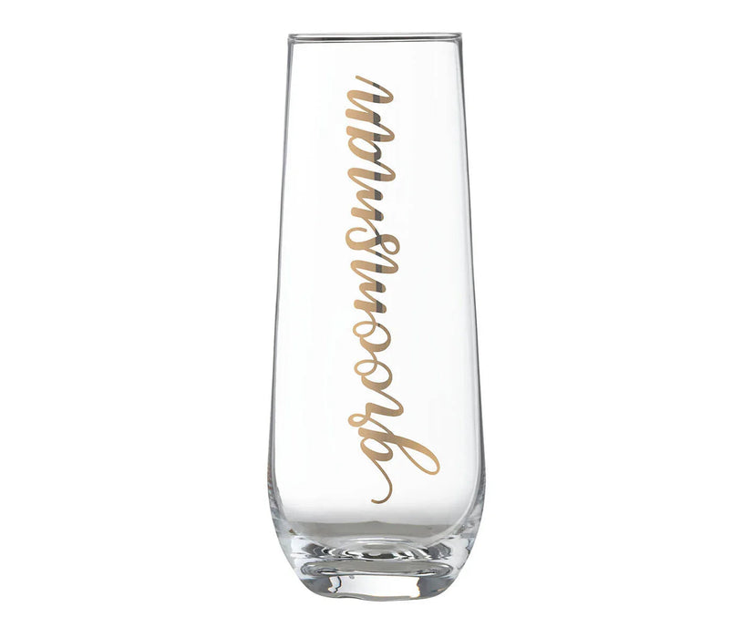 Clear stemless champagne glass with gold script text reading "groomsman" printed vertically down the center.