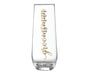 Clear stemless champagne glass with gold script text reading "groomsman" printed vertically down the center.