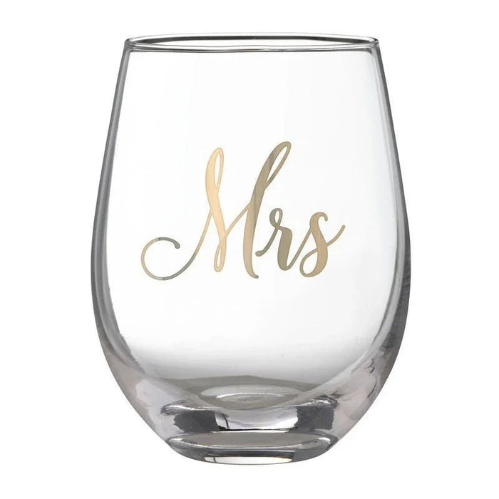 Clear stemless wine glass with gold script "Mrs" text printed on the front.
