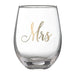Clear stemless wine glass with gold script "Mrs" text printed on the front.