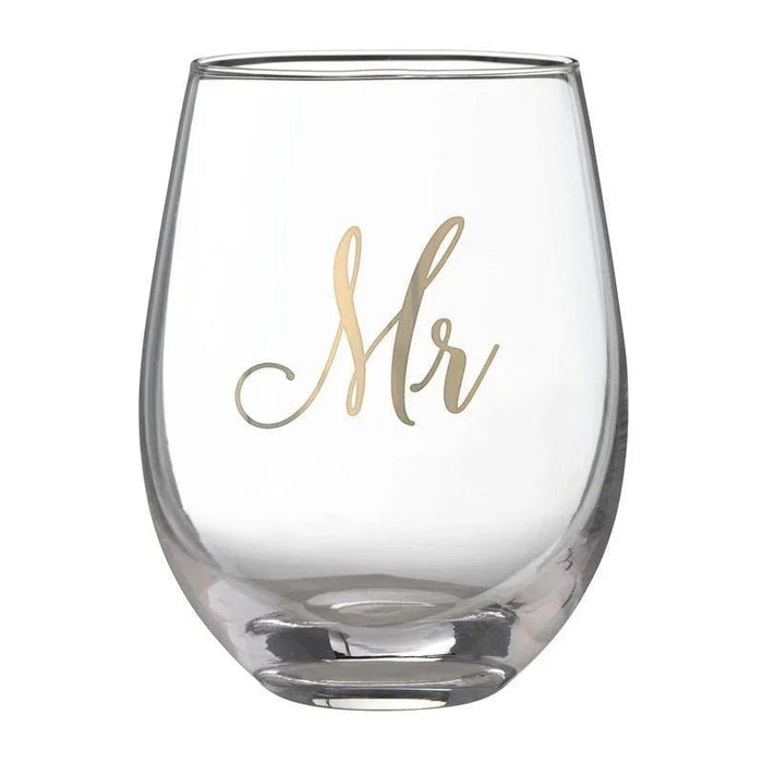 Clear stemless wine glass with gold and gray script lettering spelling "Mr" on the front.