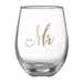 Clear stemless wine glass with gold and gray script lettering spelling "Mr" on the front.