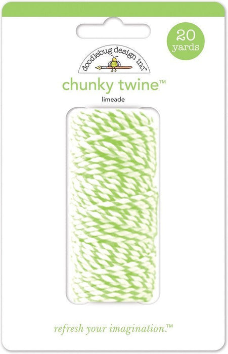 Cardboard package of chunky twine in lime green and white striped pattern, labeled 20 yards, with doodlebug design logo and tagline "refresh your imagination" printed on white backing card.
