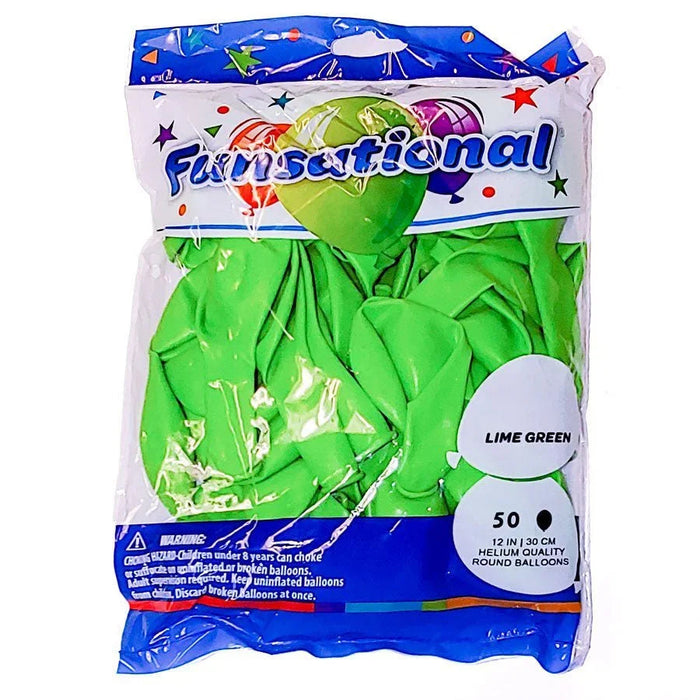 Package of 50 lime green 12-inch round latex balloons with colorful space-themed graphics on the white and blue packaging.