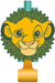 Yellow lion head with green leaf mane and blue tube on top, plastic noisemaker with gold cylindrical base.