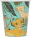 Disposable paper cup featuring colorful illustrations of Simba, Nala, and Timon from The Lion King against a turquoise background with tropical leaves.