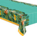 Turquoise plastic tablecover featuring Lion King characters including Simba, Mufasa, and Zazu among tropical green foliage, with yellow trim on the bottom edge.