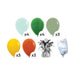 Balloon bouquet set including four light blue balloons, four dark green balloons, three sage green balloons, three yellow balloons, three orange-red balloons, one silver tassel weight, and one clear helium inflation bag.