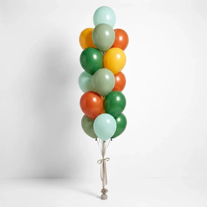Vertical stack of colorful balloons in mint green, sage green, orange, yellow, and forest green with white ribbons tied at the base.