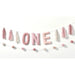 Plush banner kit featuring large padded letters spelling "ONE" in pink and cream, accented with pink and cream tassel garland and pom-pom garland strands for first birthday decoration.