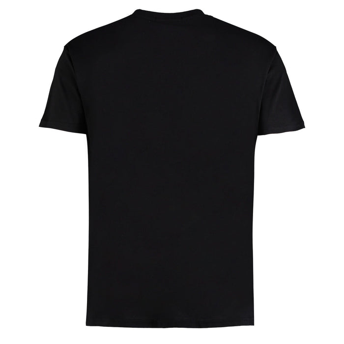 Black short-sleeved crew neck t-shirt displayed flat against a white background.