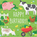 Bright green napkin featuring colorful farm animals including a pink pig, black and white cow, roosters, goats, chicks, and a red wheelbarrow filled with vegetables, with "Happy Birthday!" text in white.