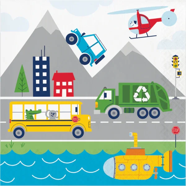 Colorful illustrated lunch napkins featuring yellow school bus, green recycling truck, red helicopter, submarine, mountains, buildings, and traffic light on white background.