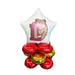 White star-shaped foil balloon with maroon and gold bear logo and "L" letter at top, supported by four red and one gold heart-shaped foil balloons arranged below.