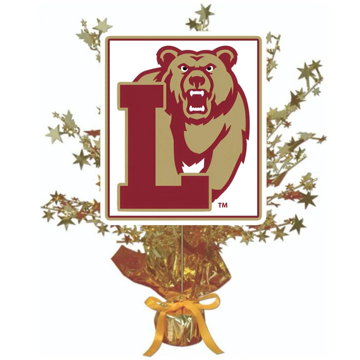 Decorative centerpiece spray featuring a maroon and tan bear mascot logo with the letter "L" inside a bordered square, mounted on a gold foil base with a yellow ribbon and surrounded by gold star picks.