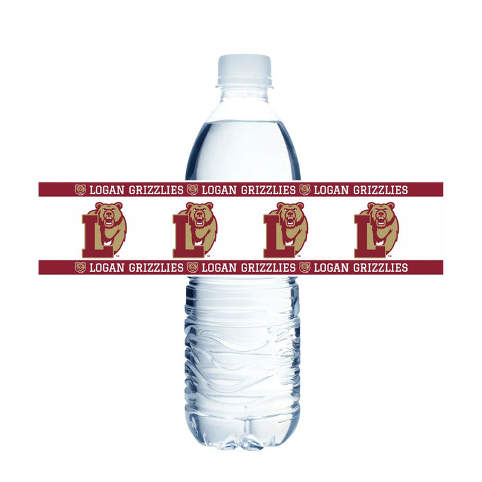Clear plastic water bottle wrapped with a burgundy and gold Logan Grizzlies band featuring four bear mascot logos and repeated text around the middle.