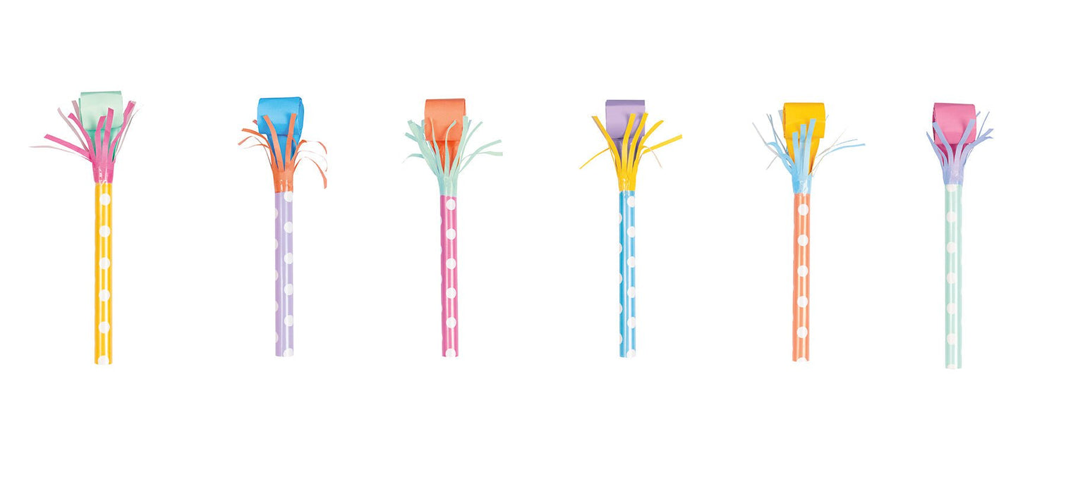 Six colorful party blowers with long stems featuring bright fringed tops in pink, blue, orange, purple, yellow, and green with patterned stems in coordinating colors.