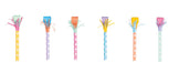 Six colorful party blowers with long stems featuring bright fringed tops in pink, blue, orange, purple, yellow, and green with patterned stems in coordinating colors.