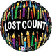 Round black mylar balloon with colorful vertical stripes in red, blue, green, purple, and orange, decorated with yellow flame candles and small stars, displaying "LOST COUNT" in white text.