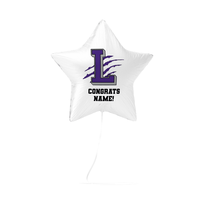 White star-shaped foil balloon featuring a large purple "L" with claw marks and black text reading "CONGRATS NAME" below it.