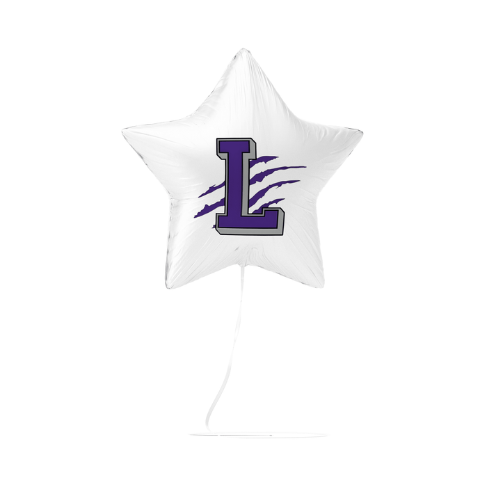 White star-shaped foil balloon featuring a purple letter "L" with blue claw marks, displayed against a plain background.