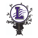 Purple and gray "L" logo with claw mark design inside a purple-outlined circle, mounted on a black decorative base with scattered stars bursting outward.