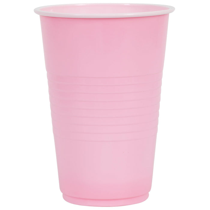 Pink disposable plastic cup with measurement lines, shown in 16-ounce size for serving beverages.