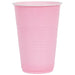 Pink disposable plastic cup with measurement lines, shown in 16-ounce size for serving beverages.