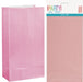 Two pink paper party bags displayed side-by-side, showing a larger assembled bag on the left in bright pink and a flat unassembled bag on the right in pale pink, with packaging indicating 12 count.