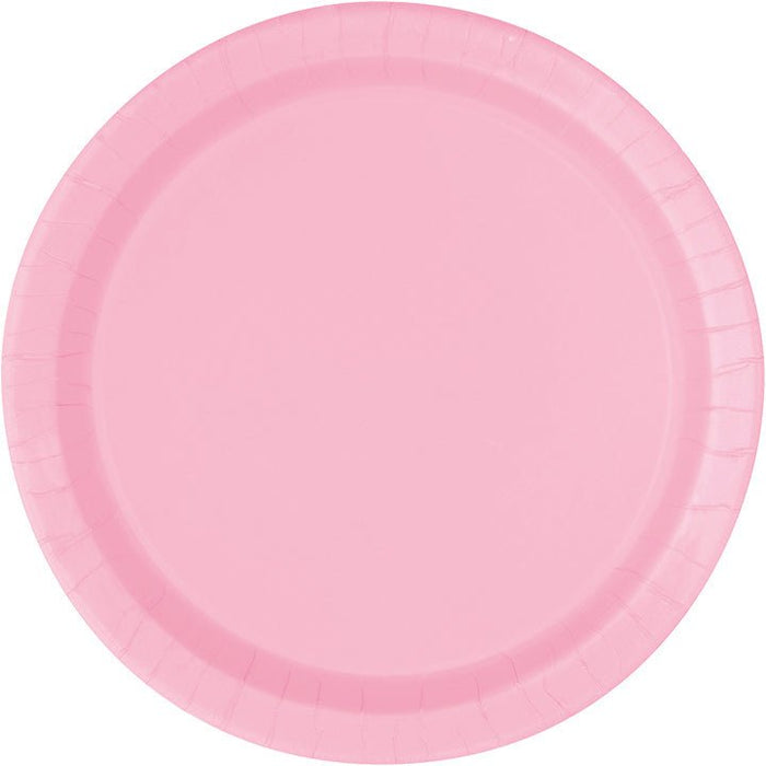 Pink paper plate with a ridged rim design, approximately 10 inches in diameter with a smooth center surface.