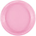 Bright pink disposable plastic plate with a ridged rim, shown from above against a white background.