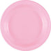 Bright pink plastic plate with a ridged rim, shown from above against a white background.