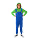 Child wearing a green and blue Luigi costume onesie with yellow button details, green hood, and black sneakers.