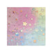 Decorative paper napkin featuring a gradient background transitioning from pink to blue-green, scattered with iridescent stars and sparkles in various sizes.