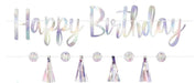 Iridescent foil "Happy Birthday" banner with five coordinating pastel tassel garland strands featuring purple, pink, and mint green colors.