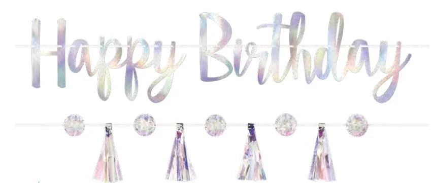 Iridescent foil "Happy Birthday" banner with five coordinating pastel tassel garland strands featuring purple, pink, and mint green colors.