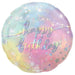 Round mylar balloon with iridescent pastel gradient colors featuring "happy birthday" text in purple script, sparkles, and stars throughout the design.
