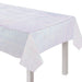 Luminous 54 by 102 inch table cover with soft pastel iridescent rainbow finish, designed for rectangular party tables.