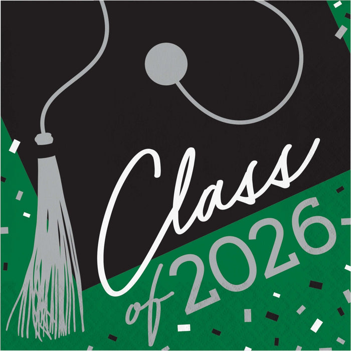 Class of 2026 emerald green and black luncheon napkins with silver tassel and confetti designs, pack of 36.