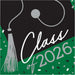 Class of 2026 emerald green and black luncheon napkins with silver tassel and confetti designs, pack of 36.