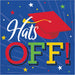 Colorful napkins featuring "Hats Off!" text in white script with a red graduation cap, surrounded by stars and dots on a blue background.