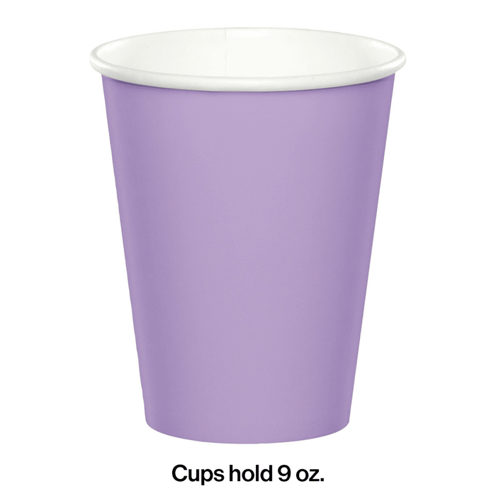 Lavender paper cup with white rim holding 9 ounces, shown in single unit display.