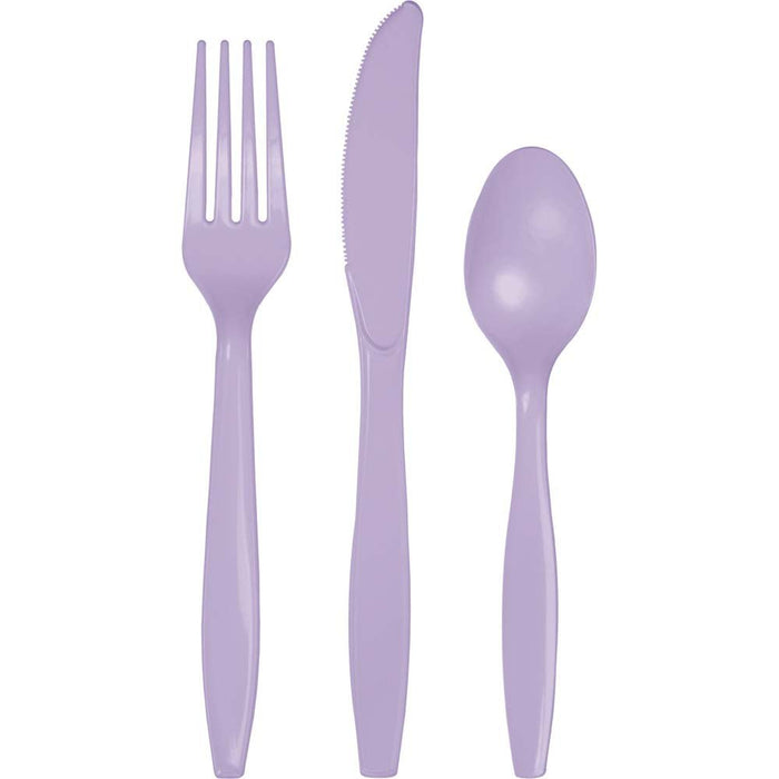 Three lavender plastic utensils displayed side by side: a fork on the left with four tines, a knife in the middle with a serrated edge, and a spoon on the right.