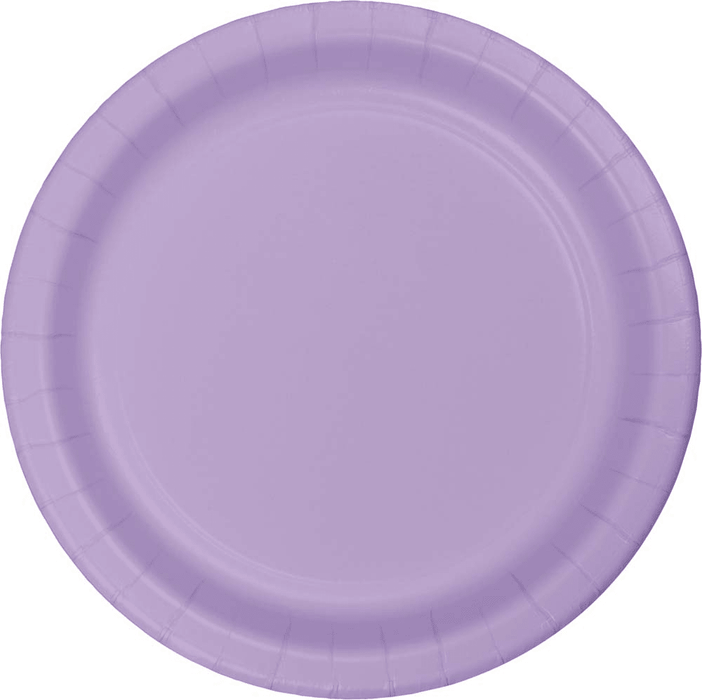 Lavender paper plate with a ribbed rim and circular well design, shown from above on a white background.
